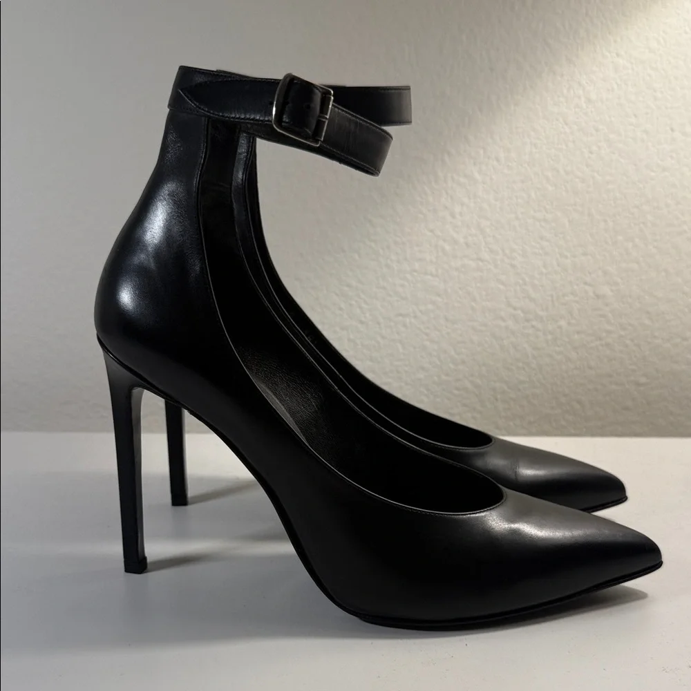 Saint Laurent Black Leather Pointed-Toe Ankle-Strap Pumps - Picture 5 of 8